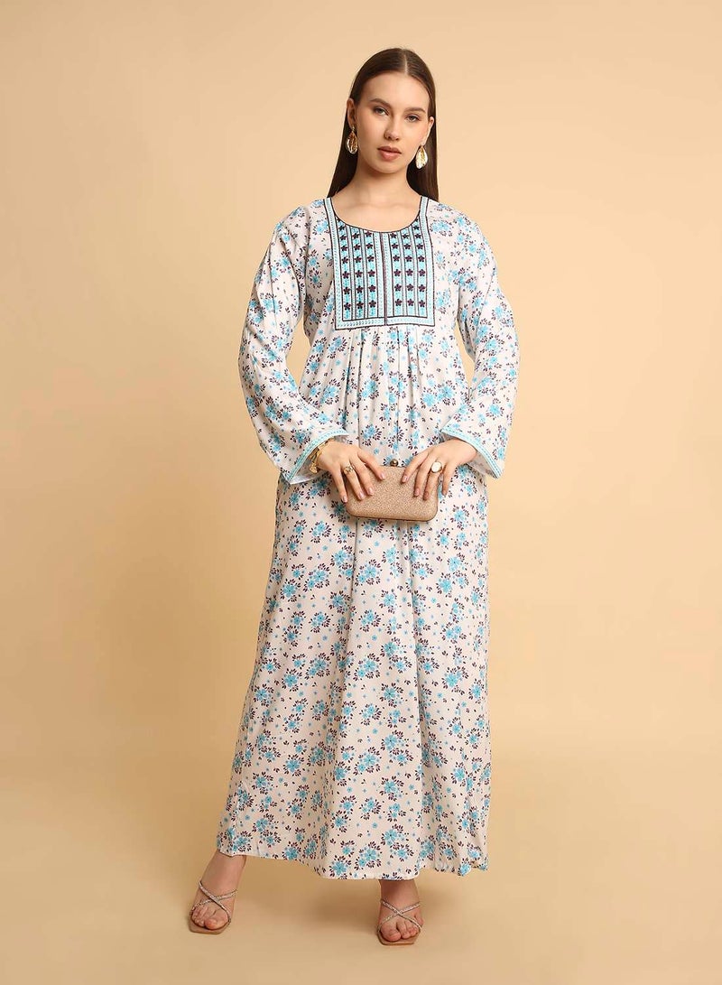 HANA & SARA Classic Arabic Jalabiya for Women – Lightweight Floral Long Dress with Decorative Yoke - Image 1